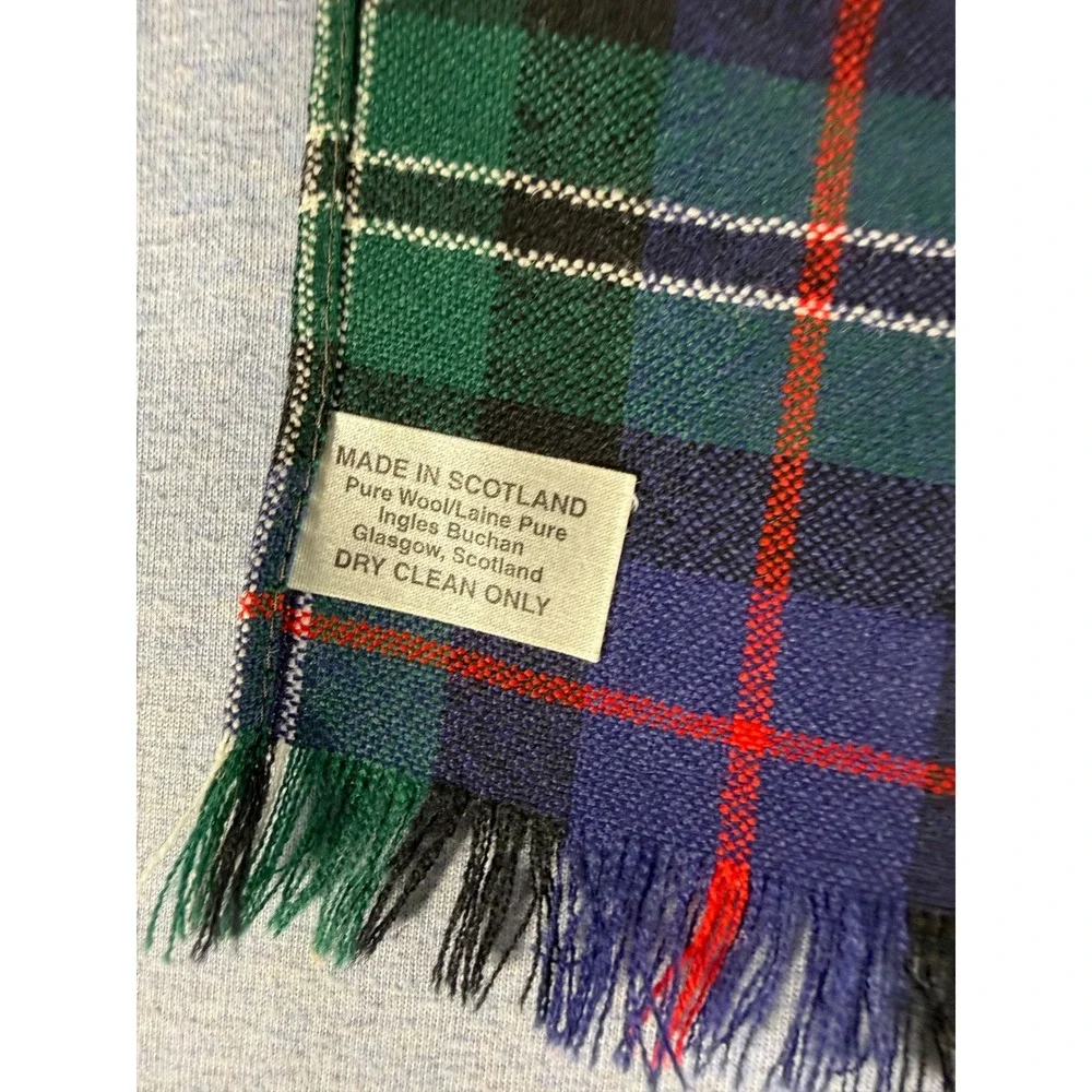 Ingles Buchan Scotland Pure Wool Tartan Plaid Scarf Green Blue Fringed Glasgow